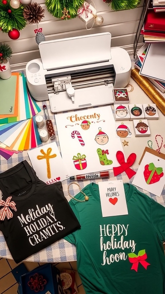 A crafting setup with Cricut Maker 3 and various Christmas gift projects, including ornaments and cards.